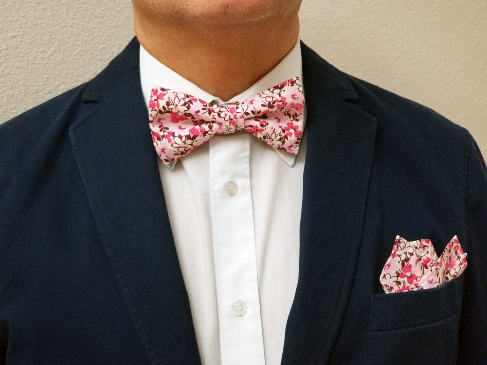 Cherry Blossom Bow Tie- Floral Bow Tie- Matching Pocket Square- All ...