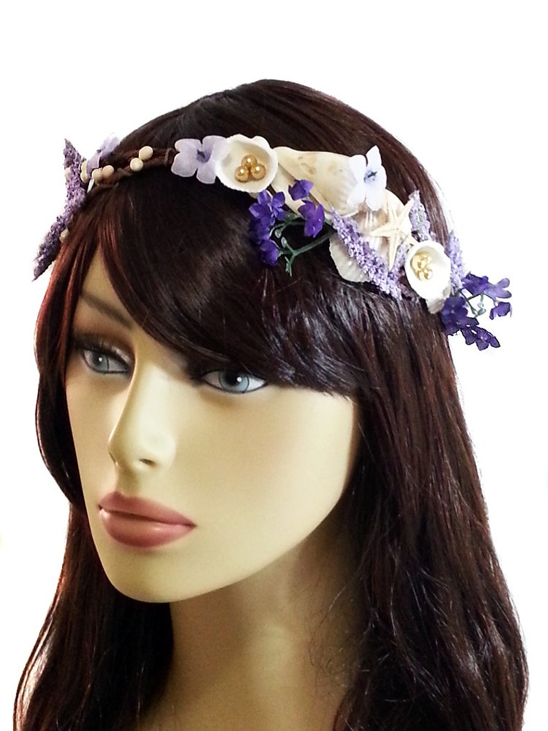 Purple Mermaid Beachy Wedding Headpiece-Little Mermaid Crown Shells Flower Crown-Starfish, Ribbon, Ocean Circlet image 3