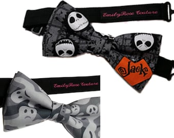 Jack Skellington Bow Tie- Halloween Bow Tie- Ghosts Bow Tie- Skulls- Pre Tied- Adjustable Strap- Hand Made in the USA- Ship Fast