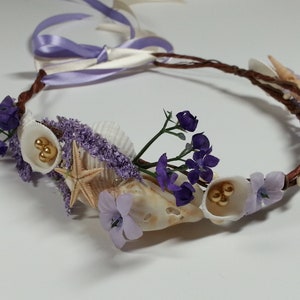 Purple Mermaid Beachy Wedding Headpiece-Little Mermaid Crown Shells Flower Crown-Starfish, Ribbon, Ocean Circlet Purple