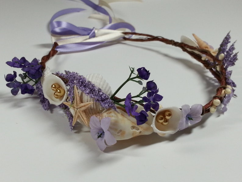 Purple Mermaid Beachy Wedding Headpiece-Little Mermaid Crown Shells Flower Crown-Starfish, Ribbon, Ocean Circlet Purple