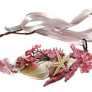 Purple Mermaid Beachy Wedding Headpiece-Little Mermaid Crown Shells Flower Crown-Starfish, Ribbon, Ocean Circlet Pink
