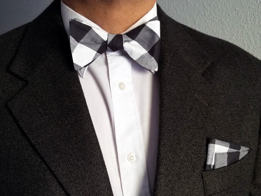 Black, Gray and White Plaid Bow Tie- Self Tie Bow Tie- Plaid Bow Tie ...