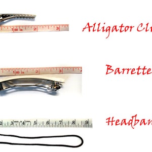 May include: Three hair accessories with measurements: a silver alligator clip, a silver barrette, and a black elastic headband.  The alligator clip is 1 inch long, the barrette is 2 inches long, and the headband is 9 inches long.