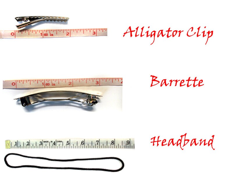 May include: Three hair accessories with measurements: a silver alligator clip, a silver barrette, and a black elastic headband.  The alligator clip is 1 inch long, the barrette is 2 inches long, and the headband is 9 inches long.