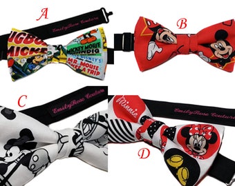 Classic Mickey Mouse Bow Tie- Mickey Mouse Adventure- Minnie Mouse- Adjustable Neck Strap- Pre Tied- All Sizes Newborn to Adult