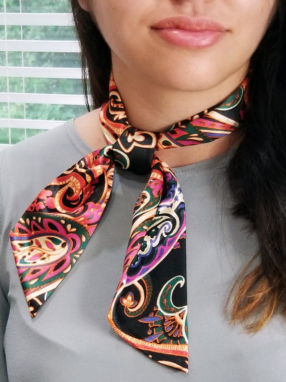 Skinny Scarf- Long- Orange Black Scrolling Silky Scarf