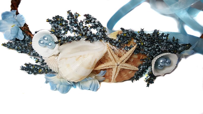 Purple Mermaid Beachy Wedding Headpiece-Little Mermaid Crown Shells Flower Crown-Starfish, Ribbon, Ocean Circlet Blue