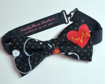 Doctor- Heart Rate Bow Tie- Medical Bow Tie- Pre Tied Bow Tie- Self Tied look- Adjustable- Handmade Bow tie- FAST SHIPPING