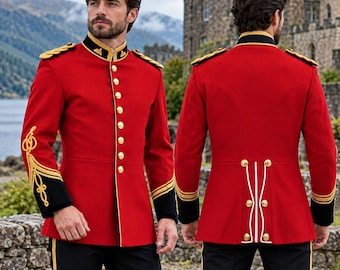 Brittisk Zulukrigsjacka 1879, Vintage röd Meltonullofficerstunika, Anglo-Zulukrigsdräkt för män och kvinnor, storlekar 86 till 136 cm