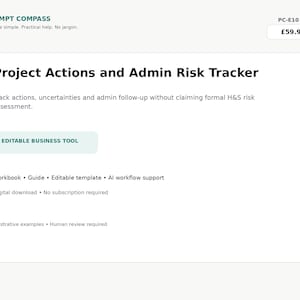 Op de afbeelding: Een digitale Project Actions and Admin Risk Tracker zakelijke tool template. De tekst bevat Prompt Compass, PC-E10 en beschrijvingen zoals Workbook, Guide, Editable template, AI workflow support, Digital download en Illustrative examples.