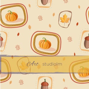 Peut inclure: Un motif répétitif composé de citrouilles orange et de glands marron dans des cadres décoratifs sur fond beige clair, avec des feuilles d'automne et le texte Art studiolm sur une bannière horizontale jaune.