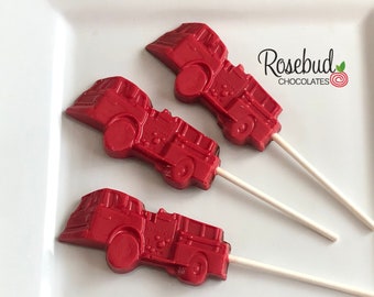 12 FIRE ENGINE Chocolate Red Truck Lollipops Fireman Firefighter Birthday Retirement Party Favors