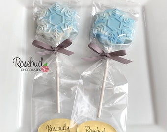 12 SNOWFLAKE Chocolate Lollipop Favors White & Blue Swirled Frozen Birthday Party Candy Snowflakes