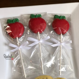 12 APPLE Chocolate Lollipops Candy Snow White Birthday Party Favors Teacher Gifts Treats Red Fruit image 3