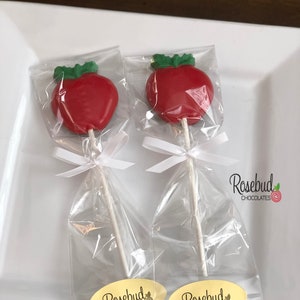 12 APPLE Chocolate Lollipops Candy Snow White Birthday Party Favors Teacher Gifts Treats Red Fruit image 1