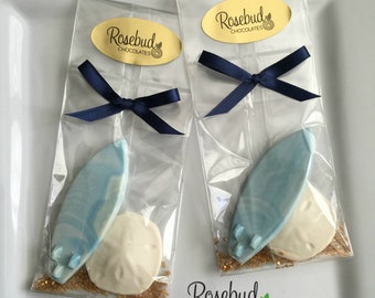 12 SURFBOARD SAND DOLLAR Chocolate Candy Party Favors Beach Wedding Nautical Theme Birthday Surfing Seashell