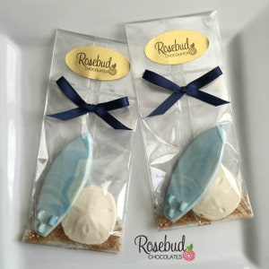 12 SURFBOARD SAND DOLLAR Chocolate Candy Party Favors Beach Wedding Nautical Theme Birthday Surfing Seashell