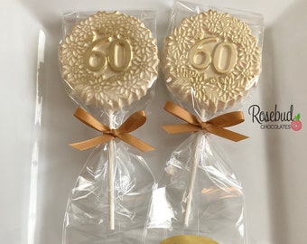 12 NUMBER SIXTY #60 Chocolate Decorative FLORAL Gold Dusted Lollipops 60th Birthday Party Candy Favors