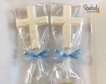 12 CROSS Floral Chocolate Lollipops Religious Candy Party Favors Baptism First Holy Communion Christening Confirmation