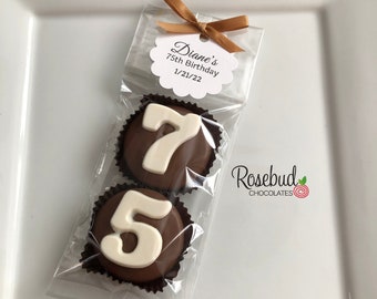 8 Pairs 75th BIRTHDAY #75 Chocolate Covered Oreo Cookies Party Favors Custom Personalized Round Scallop Tags
