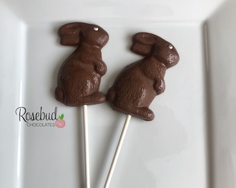 May include: Two chocolate bunny lollipops on white sticks. The bunnies are brown and standing upright. The lollipops are on a white plate.