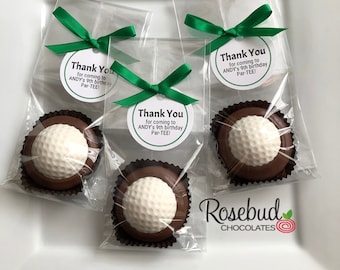 12 GOLF BALL Chocolate Covered Oreo Cookies Thank You Birthday Scallop Round Custom Personalized Tag Party Favors
