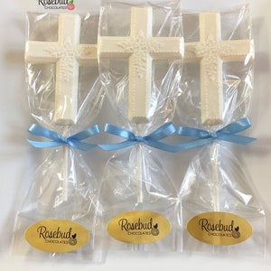 12 CROSS Floral Chocolate Lollipops Religious Candy Party Favors Baptism First Holy Communion Christening Confirmation image 2