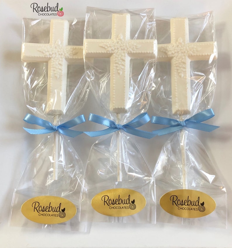 12 CROSS Floral Chocolate Lollipops Religious Candy Party Favors Baptism First Holy Communion Christening Confirmation image 2
