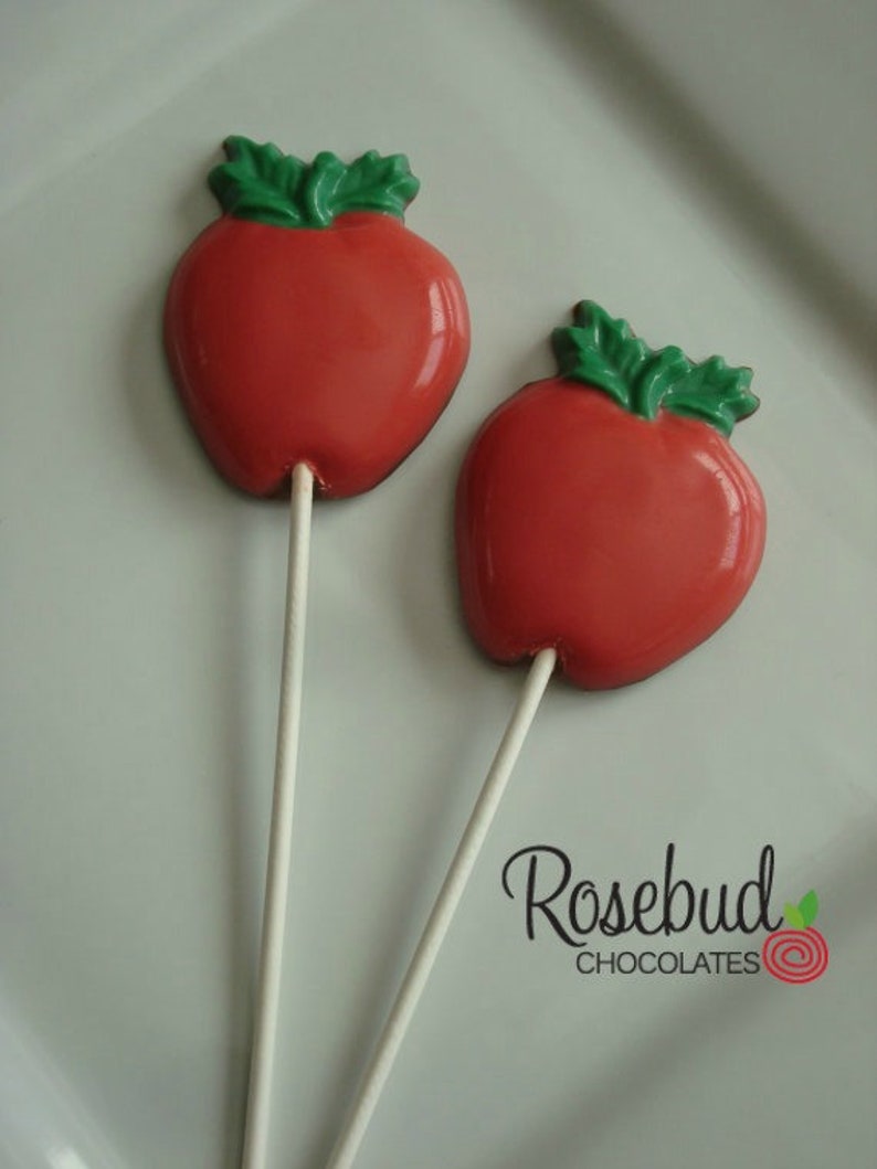 12 APPLE Chocolate Lollipops Candy Snow White Birthday Party Favors Teacher Gifts Treats Red Fruit image 4