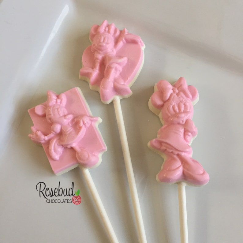 12 MINNIE MOUSE Assorted Chocolate Lollipop Favors Pink Birthday Party Candy