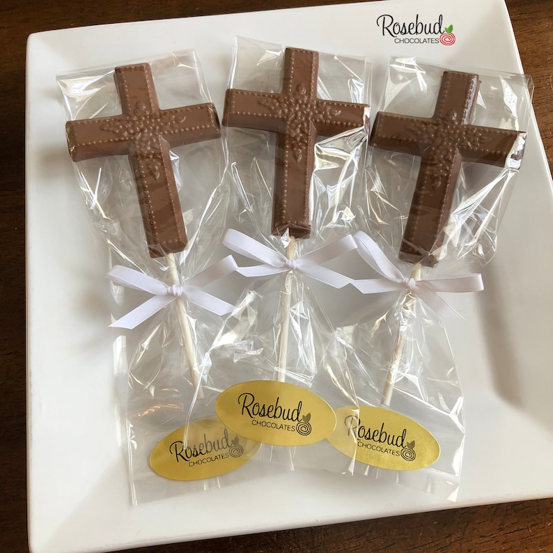 12 CROSS Floral Chocolate Lollipops Religious Candy Party Favors Baptism First Holy Communion Christening Confirmation image 3
