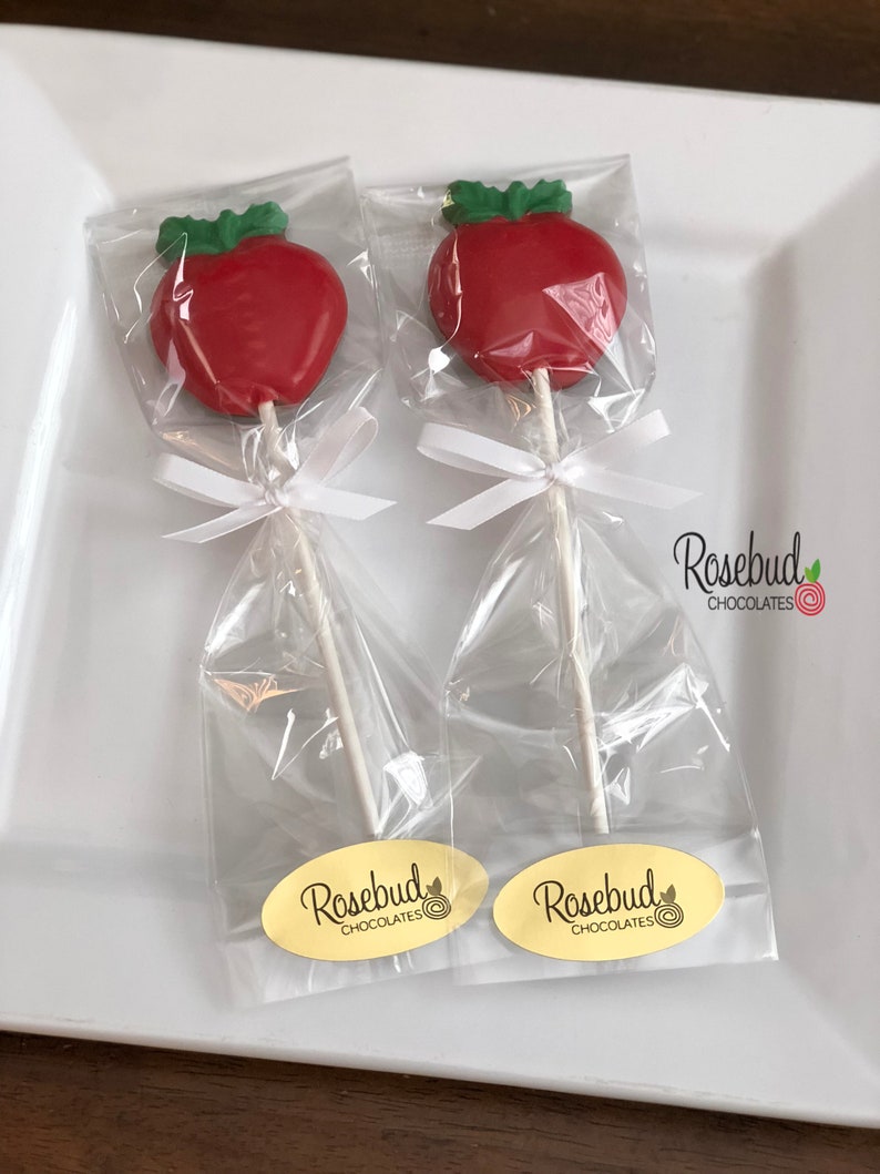 12 APPLE Chocolate Lollipops Candy Snow White Birthday Party Favors Teacher Gifts Treats Red Fruit image 1