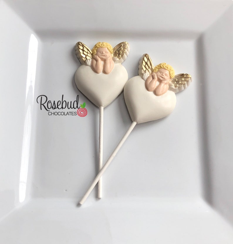 12 ANGELS CHERUB Gold Wings Chocolate Heart Shaped Lollipop Party Favors Baptism Religious Communion image 2
