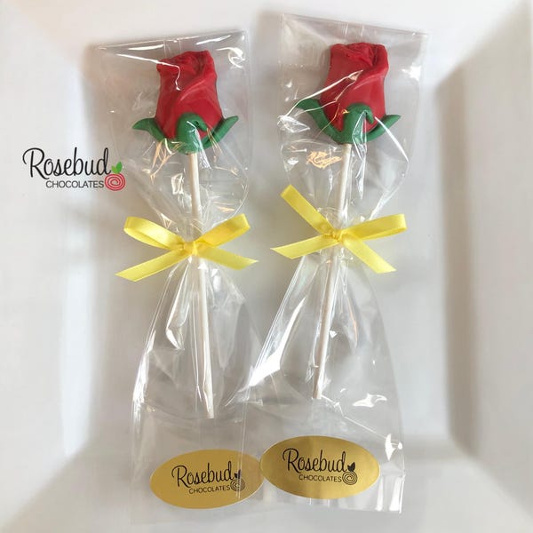 ROSE Set de 12 piruletas de chocolate para fiestas, bodas y cumpleaños, rosas rojas