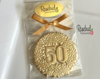 12 NUMBER FIFTY #50 Chocolate Decorative FLORAL Gold Dusted Candy Party Favors 50th Birthday Anniversary