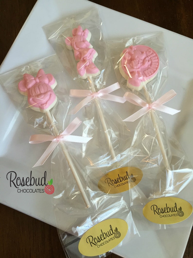 12 MINNIE MOUSE Assorted Chocolate Lollipop Favors Pink Birthday Party Candy