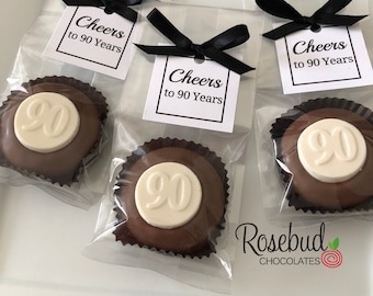 12 CHEERS to 90 YEARS Chocolate Covered Oreo Cookies Square Tag 90th Birthday Party Favors