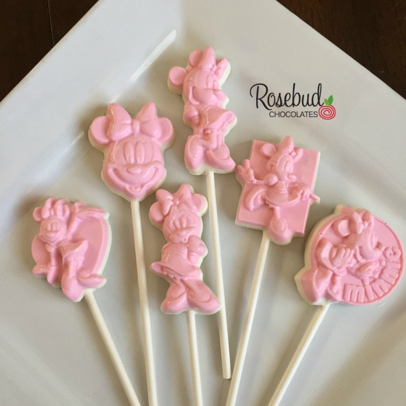 12 MINNIE MOUSE Assorted Chocolate Lollipop Favors Pink Birthday Party Candy