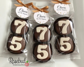8 Sets #75 Chocolate Covered Oreo Cookies CHEERS to 75 Years TAGS 75th Birthday Party Favors