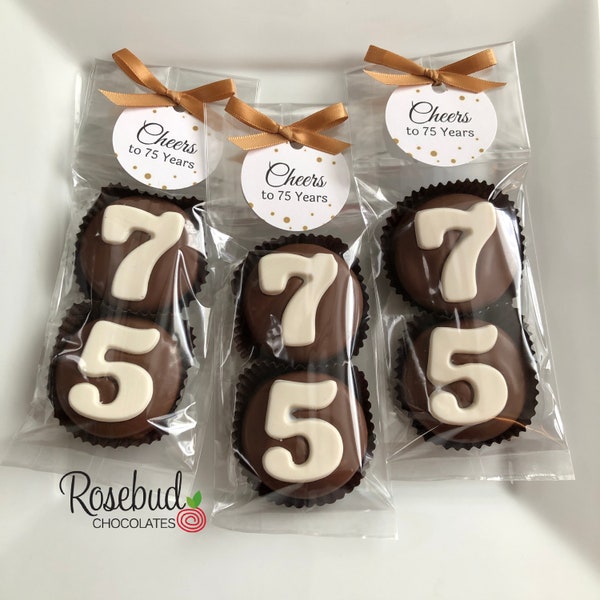 8 Sets #75 Chocolate Covered Oreo Cookies CHEERS to 75 Years TAGS 75th Birthday Party Favors