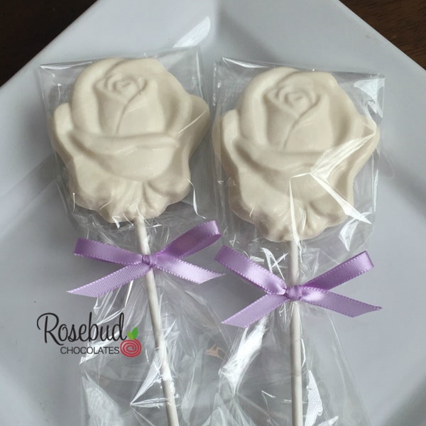 12 ROSE Bloom Chocolate Lollipops Party Favors Roses Wedding Day Anniversary Birthday Candy Beauty & the Beast Bridal Shower Flowers