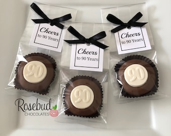 12 CHEERS to 90 YEARS Chocolate Covered Oreo Cookies Square Tag 90th Birthday Party Favors