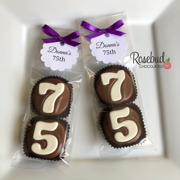 8 Sets 75th BIRTHDAY #75 Chocolate Covered Oreo Cookies Party Favors Custom Personalized Round Scallop Tags