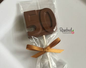 12 NUMBER FIFTY Chocolate Lollipops #50 Birthday Party Candy Favors 50th Wedding Anniversary