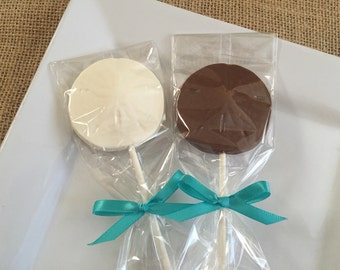 12 Chocolate Sand Dollar Lollipops Beach Wedding Nautical Birthday Party Candy Favors Anniversary