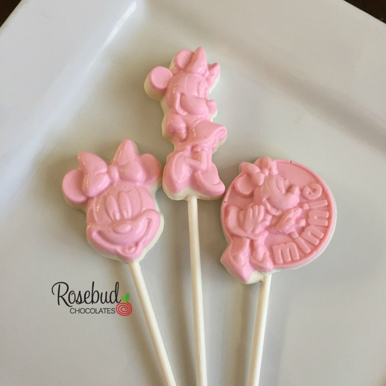 12 MINNIE MOUSE Assorted Chocolate Lollipop Favors Pink Birthday Party Candy