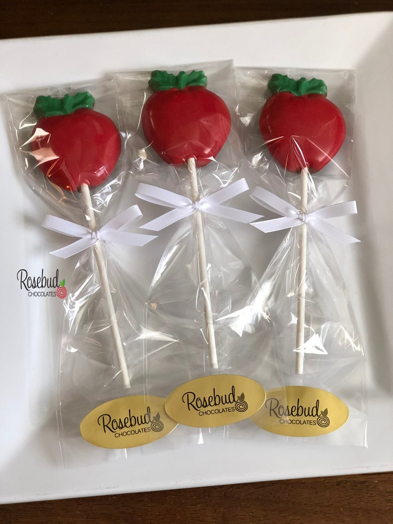 12 APPLE Chocolate Lollipops Candy Snow White Birthday Party Favors Teacher Gifts Treats Red Fruit image 3