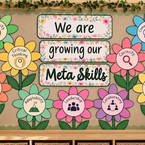 May include: A classroom bulletin board display featuring three rectangular signs with floral borders that read We are growing our Meta Skills. Surrounding the text are nine colourful flower cutouts, each labelled with a skill like Creativity, Critical Thinking, Problem Solving, Adaptability, Leadership, Collaborating, Curiosity, Communication, and Sense-Making.