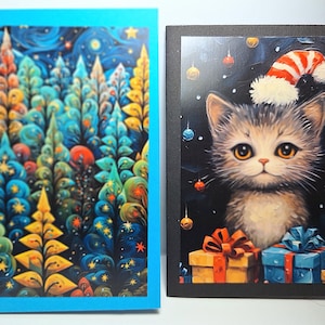 Christmas Cats & Unique Winter Trees Cards | Personalized Greeting | Handmade Set of 12